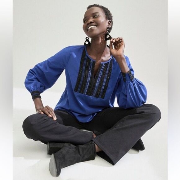 Chico's Embellished Colorblock Top in Seafaring Blue & Black Size Large (16) - Picture 3 of 13